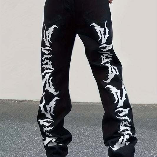 Hip Hop All Over Print Wide Straight Leg Jeans Men's Casual Denim Pants