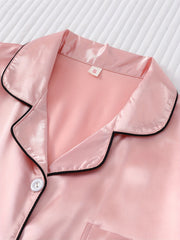 Solid Satin Pajamas Set Short Sleeve Buttons Top & Bow Shorts