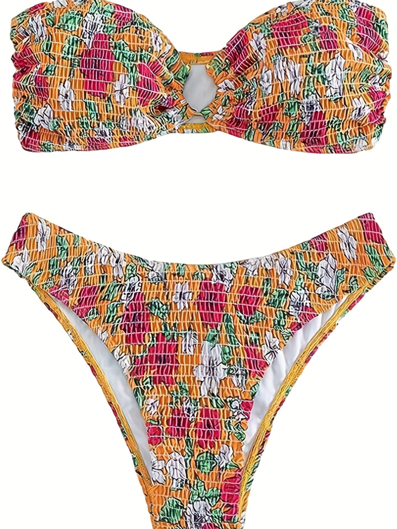 Floral Print Bikini Set with Ring Linked Shirred Tube Bra & Panty