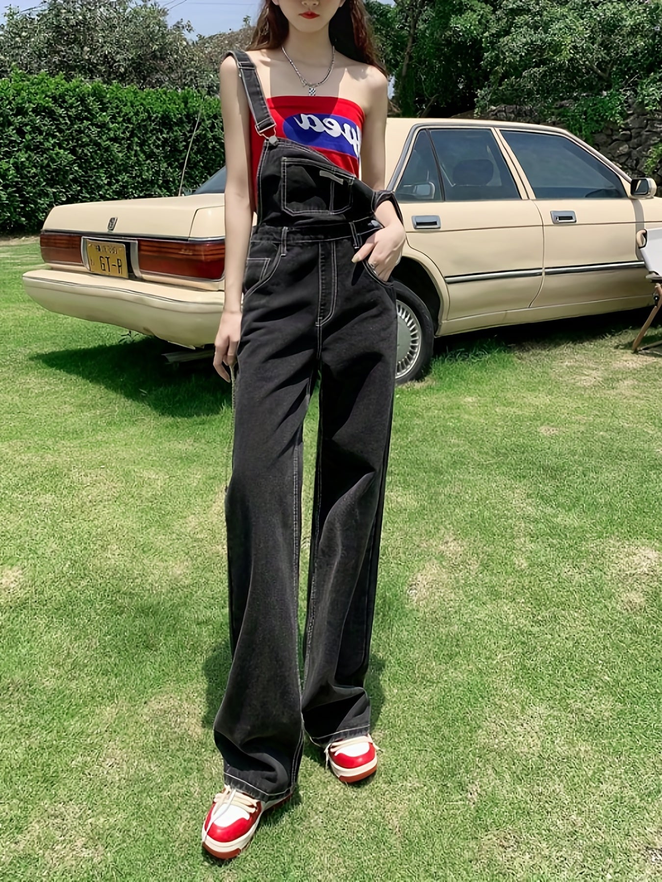 Loose Fit Denim Jumpsuit Adjustable Straps Non Stretch Overalls