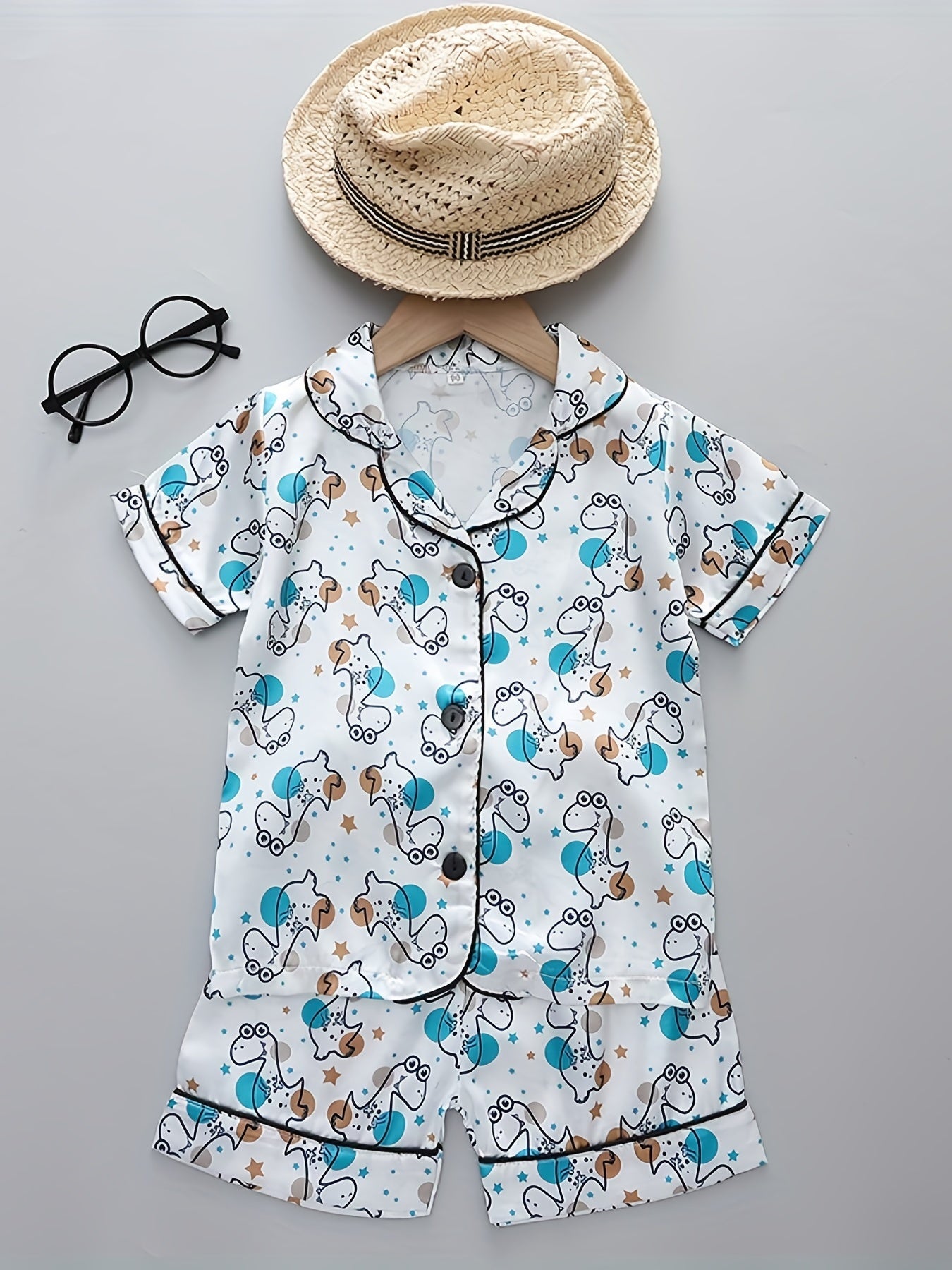 Boys Dino Print Pajamas Set Short Sleeves Bottoms Cozy Casual Homewear