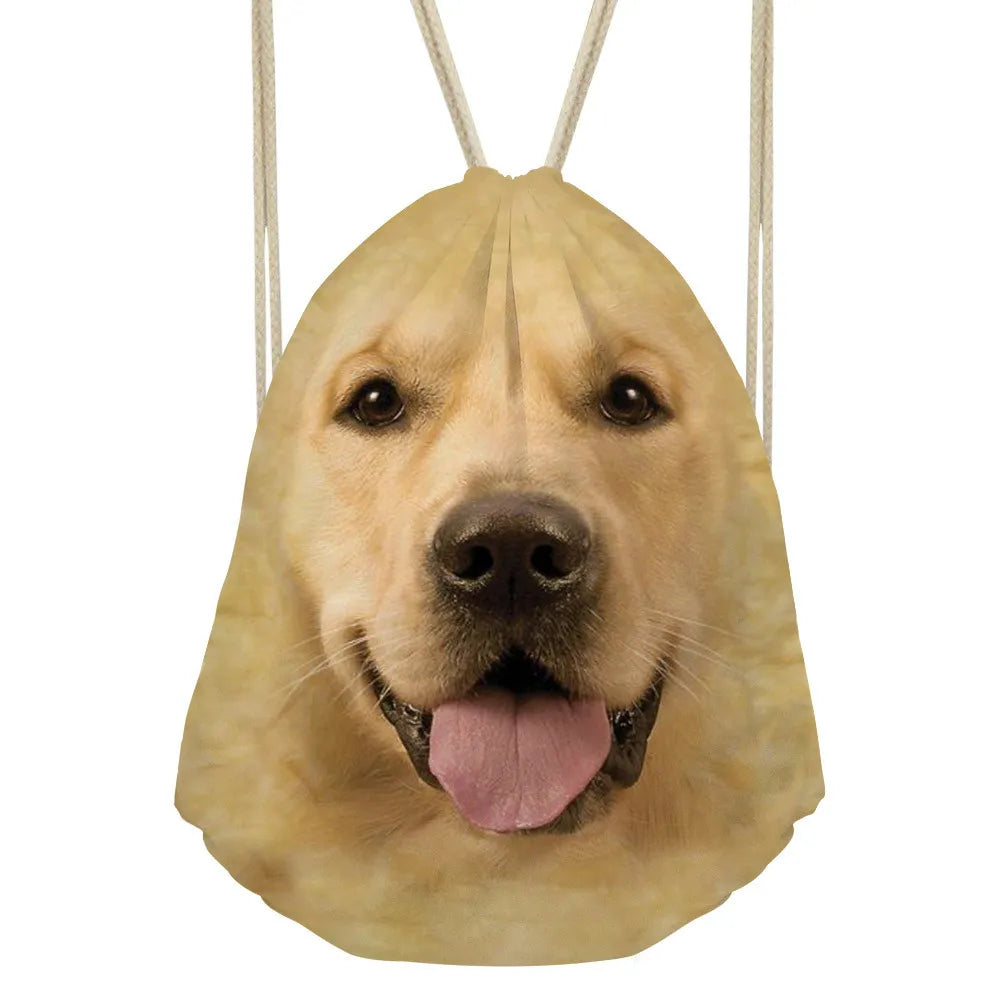 3D Dog Print Mini Backpack Drawstring Bag Women Men Travel Softback