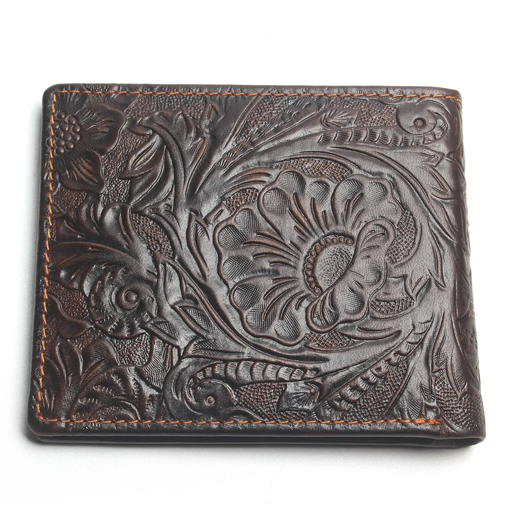 Vintage Cowhide Flower Wallet Men Leather Money Bag