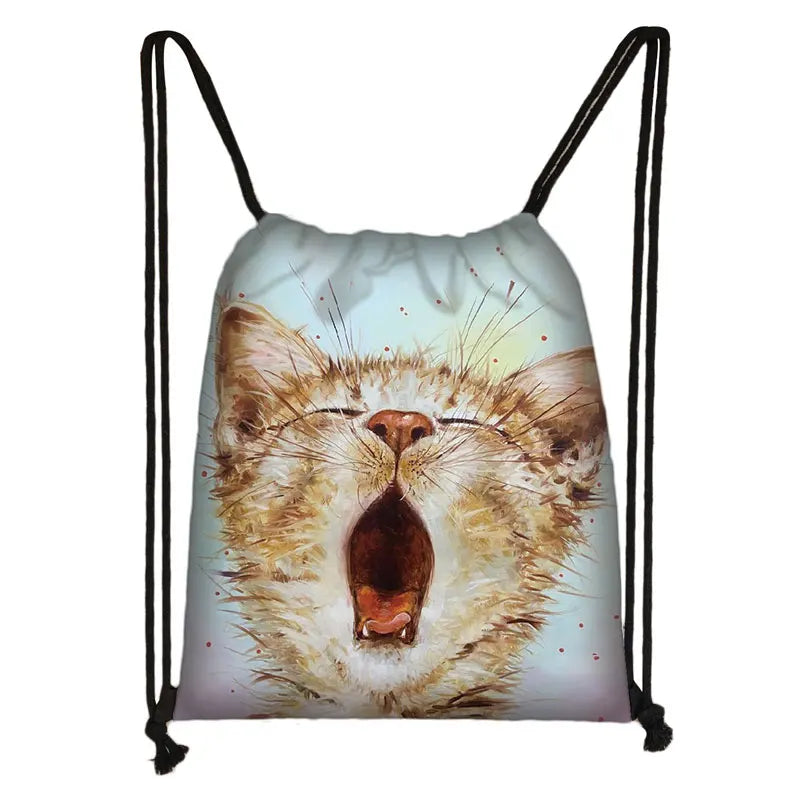 3D Lovely Cat Head Painting Drawstring Bag Cat Cartoon Printing Backpack