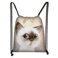 3D Lovely Cat Head Painting Drawstring Bag Cat Cartoon Printing Backpack