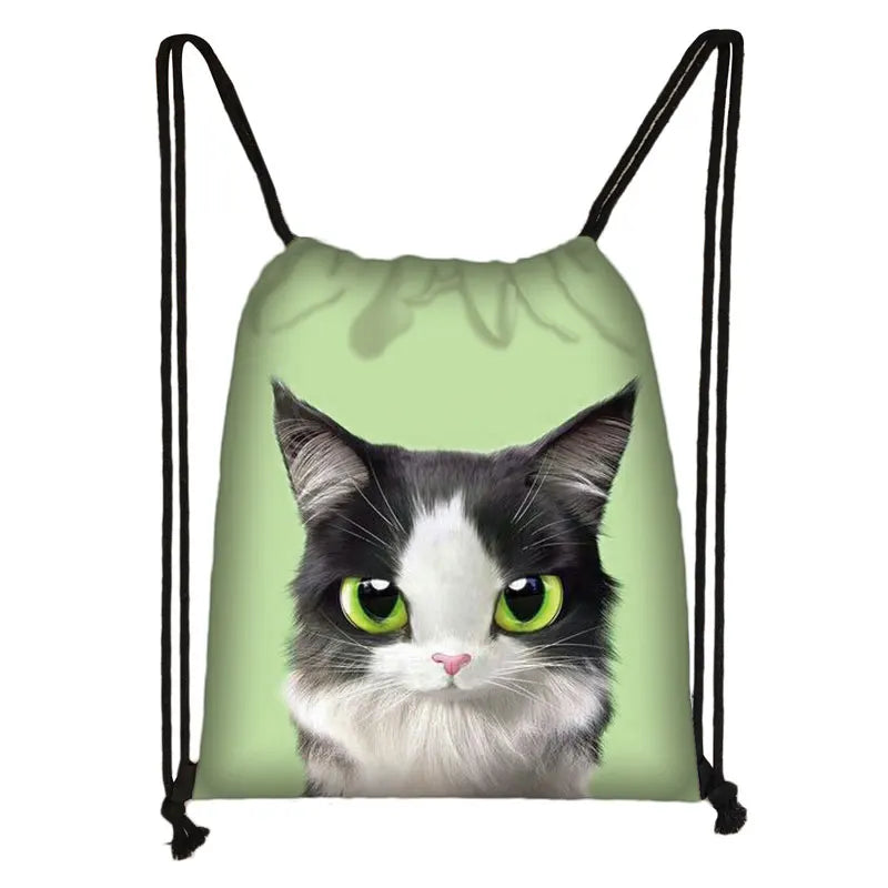 3D Lovely Cat Head Painting Drawstring Bag Cat Cartoon Printing Backpack