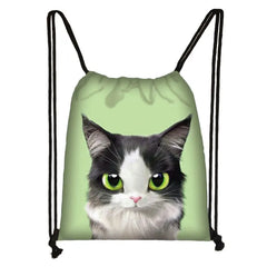 3D Lovely Cat Head Painting Drawstring Bag Cat Cartoon Printing Backpack