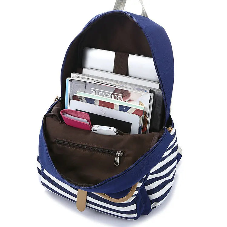 Navy Canvas Backpack Teenager High Bagpack School Big Striped Travel Laptop