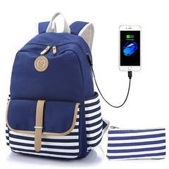 Navy Canvas Backpack Teenager High Bagpack School Big Striped Travel Laptop