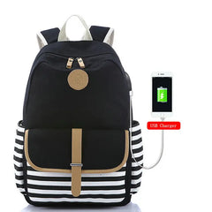 Navy Canvas Backpack Teenager High Bagpack School Big Striped Travel Laptop