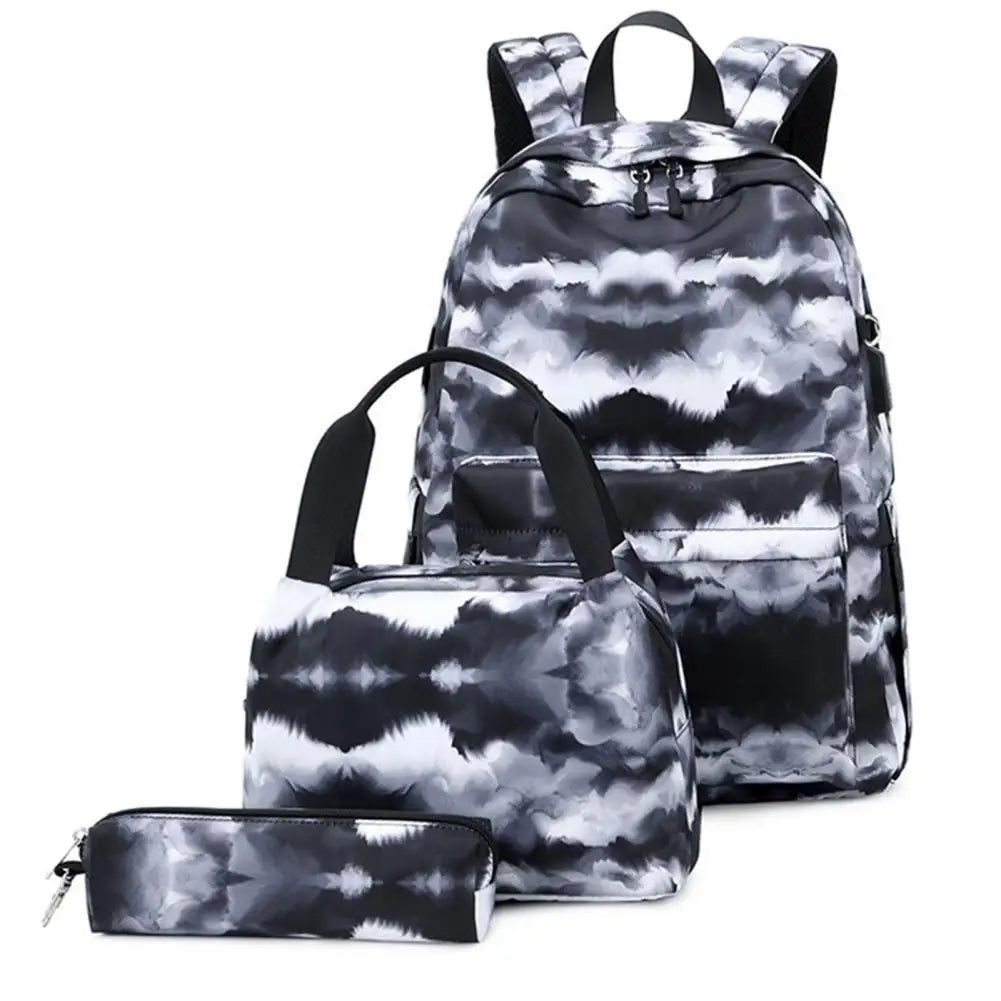 3Pcs Student Backpack Ink Print Charging Port Zipper Backpack
