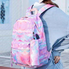 3Pcs Student Backpack Ink Print Charging Port Zipper Backpack