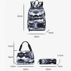 3Pcs Student Backpack Ink Print Charging Port Zipper Backpack