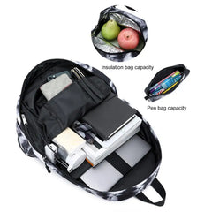 3Pcs Student Backpack Ink Print Charging Port Zipper Backpack