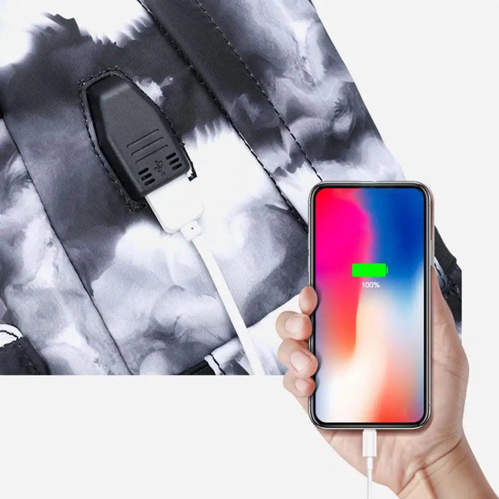 3Pcs Student Backpack Ink Print Charging Port Zipper Backpack