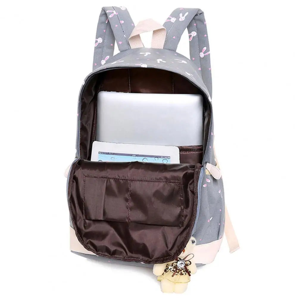 3Pcs/Set Rabbit Print Student Backpack, Adjustable Strap, Large Capacity Bookbag