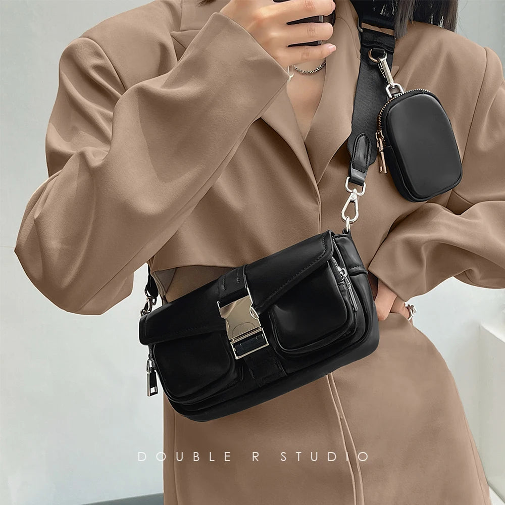 3Pcs Women Soft Leather Handbag Wide Strap Set Vintage Chains