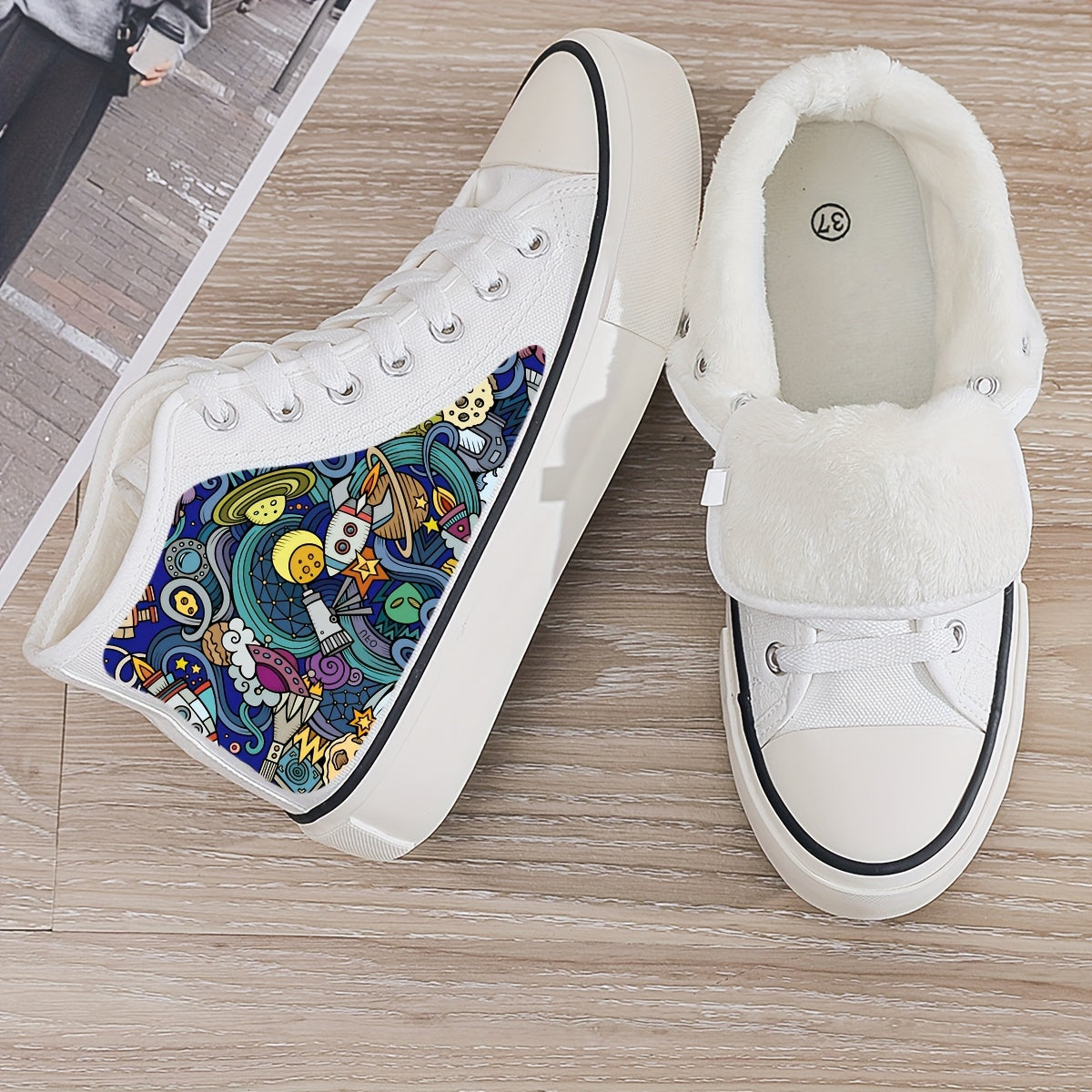Print Plush Lined Chunky Canvas Sneakers Warm Non Slip Casual High Top Walk