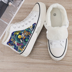 Print Plush Lined Chunky Canvas Sneakers Warm Non Slip Casual High Top Walk