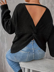 Casual Sweater Women's Plus Solid Lantern Sleeve V Neck Twist Back