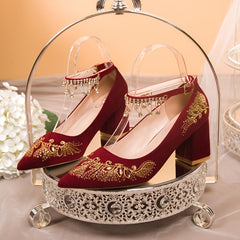 Embroidered Wedding Shoes Chunky Heel Tassel Ankle Strap Dress Shoes