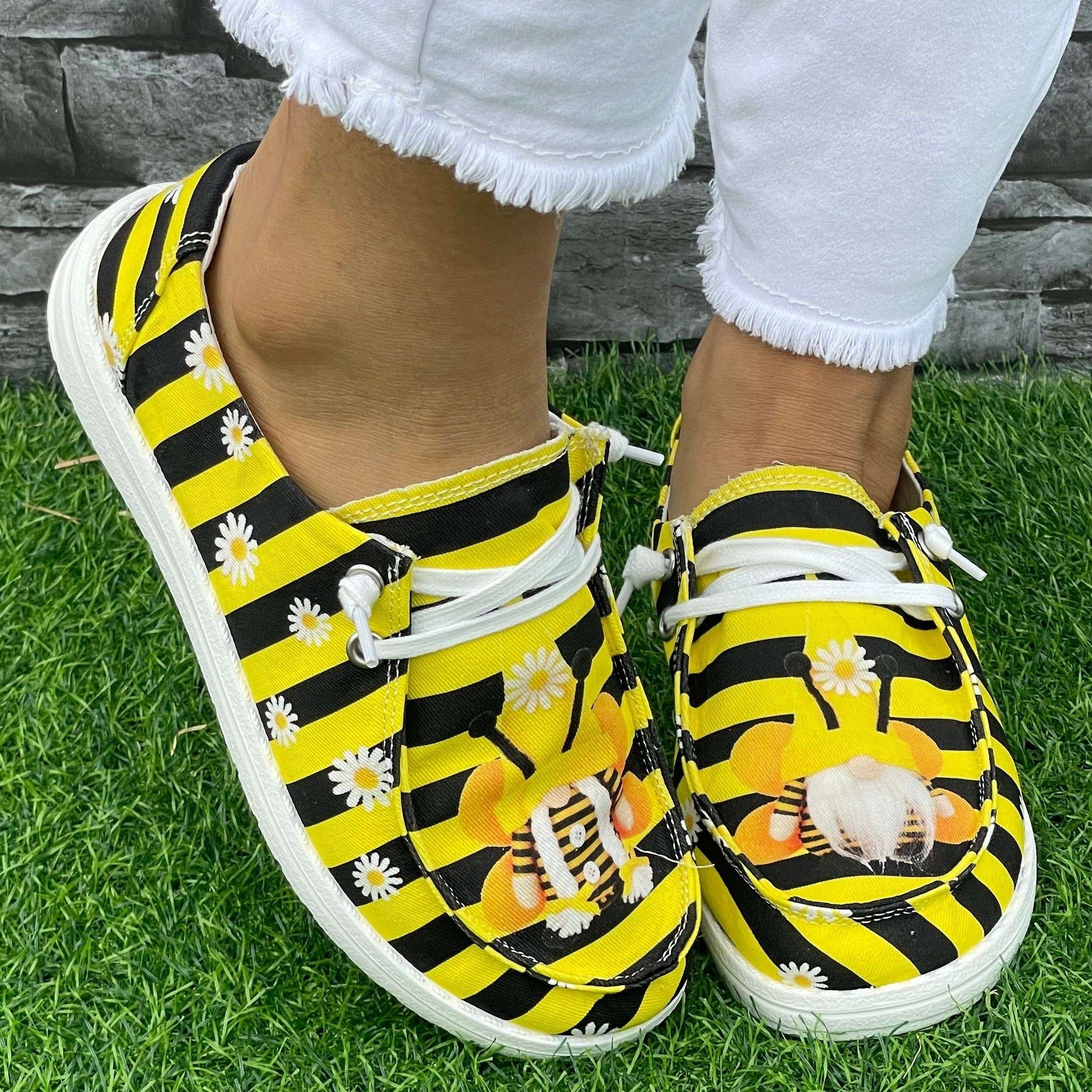 Yellow Striped Flat Shoes Women's Lightweight Casual Shoes
