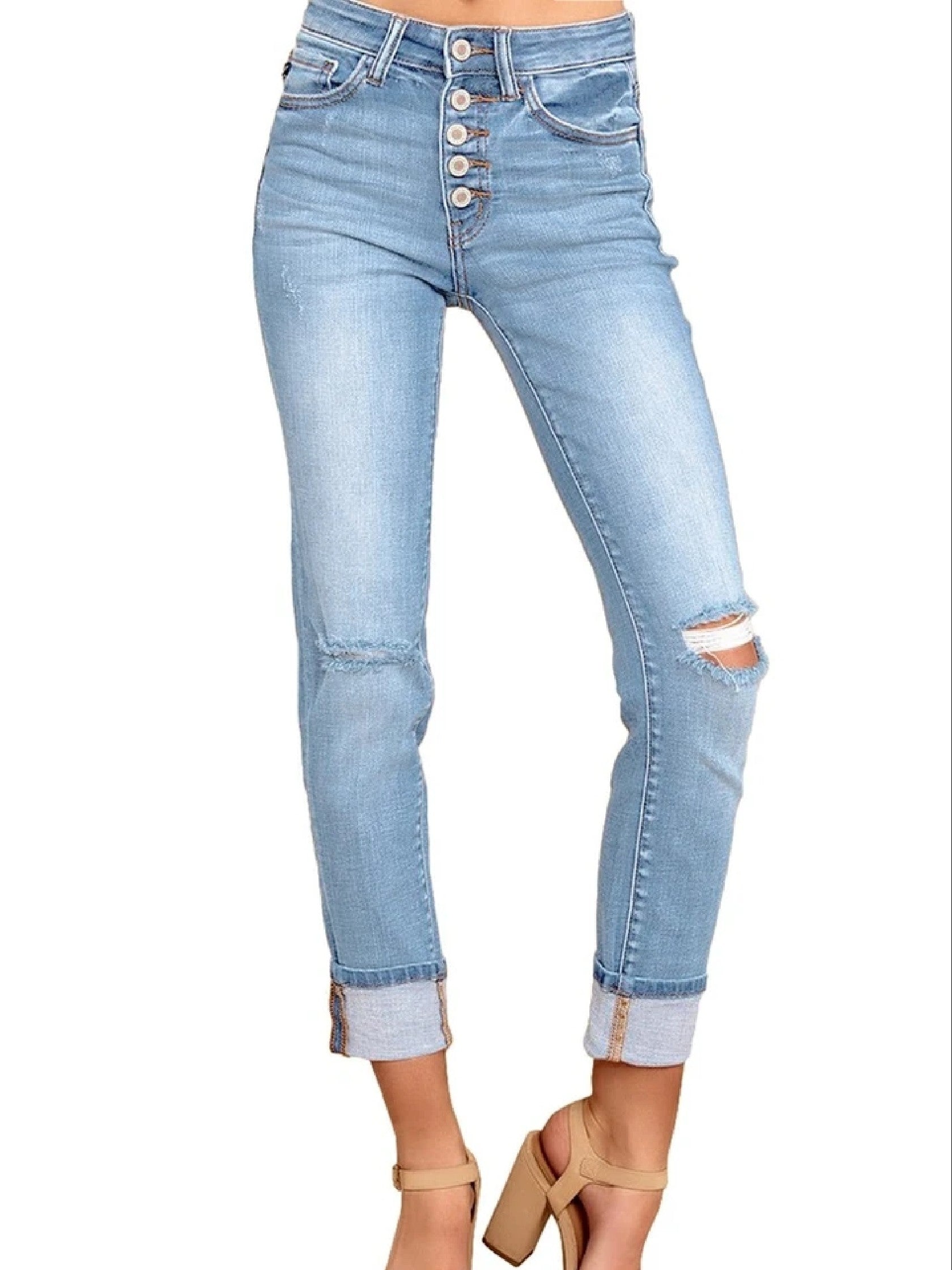Slim Fit Skinny Jeans Ripped Distressed Button Denim Pants Women's Denim Jeans