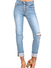 Slim Fit Skinny Jeans Ripped Distressed Button Denim Pants Women's Denim Jeans
