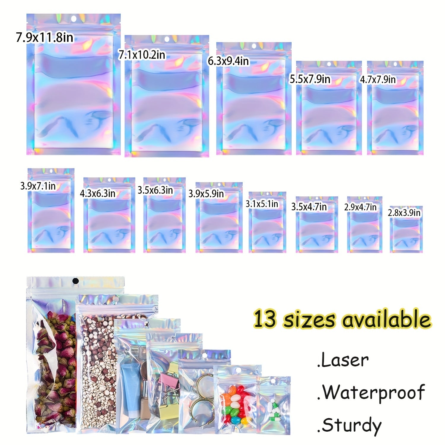 Resealable Metallic Foil Laser Packaging Bags - 50pcs/100pcs