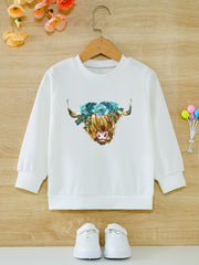 Floral Cow Graphic Girls Round Neck Sweatshirt