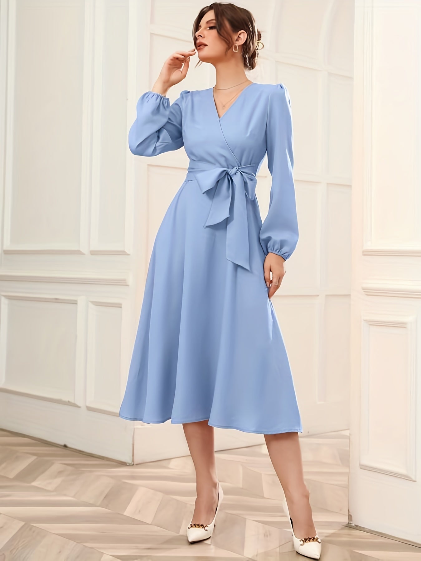 Surplice Neck Lantern Sleeve Party Dress