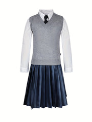 Girls School Uniform Dress Cosplay Costume Striped Coat Dress Sweater