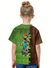 Kids Cartoon Game Graphic Short Sleeve T-shirt, Breathable & Sporty, Ages 4-14