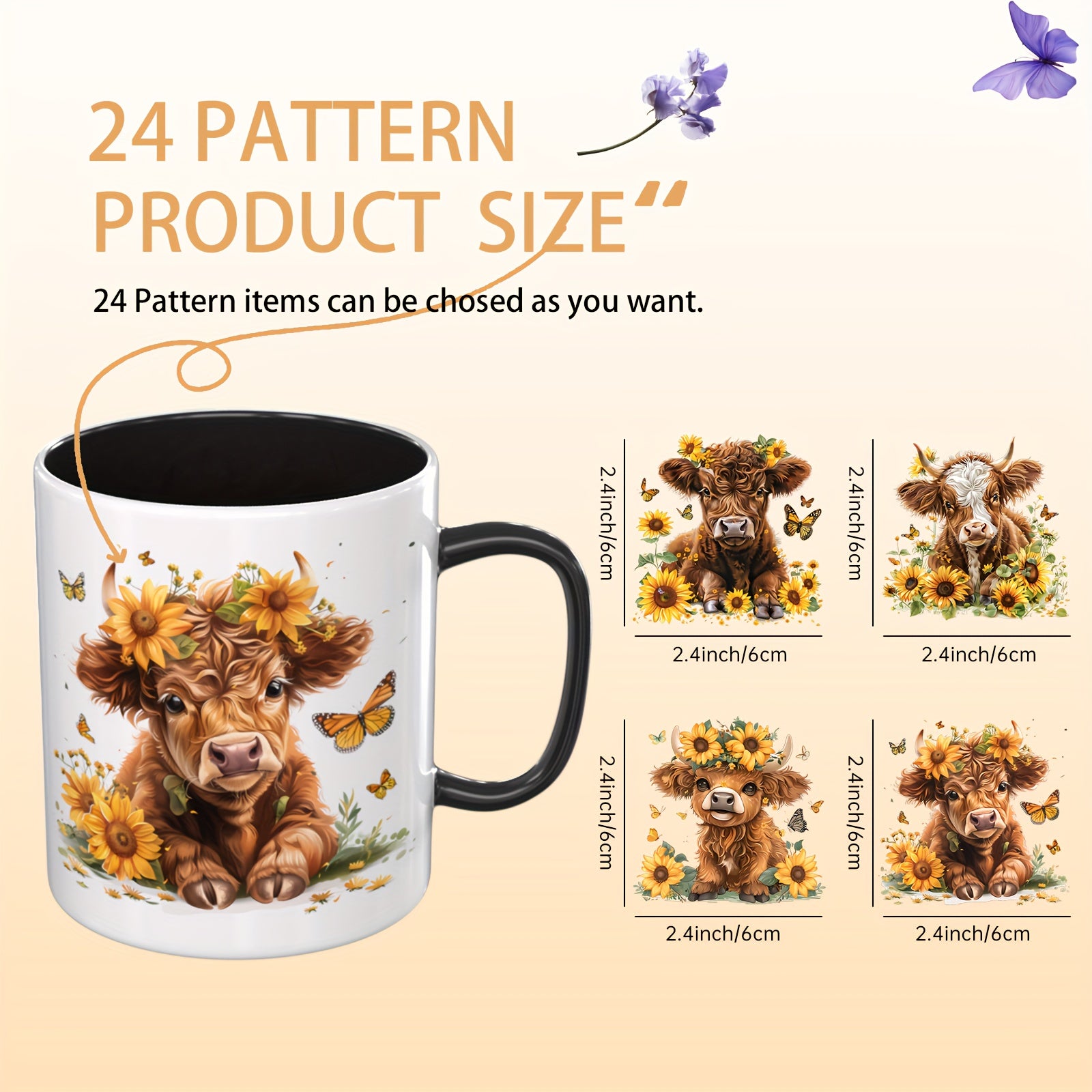 24pcs Sunflower Highland Cows UV DTF Wraps Stickers for Mugs, Glass & Ceramic