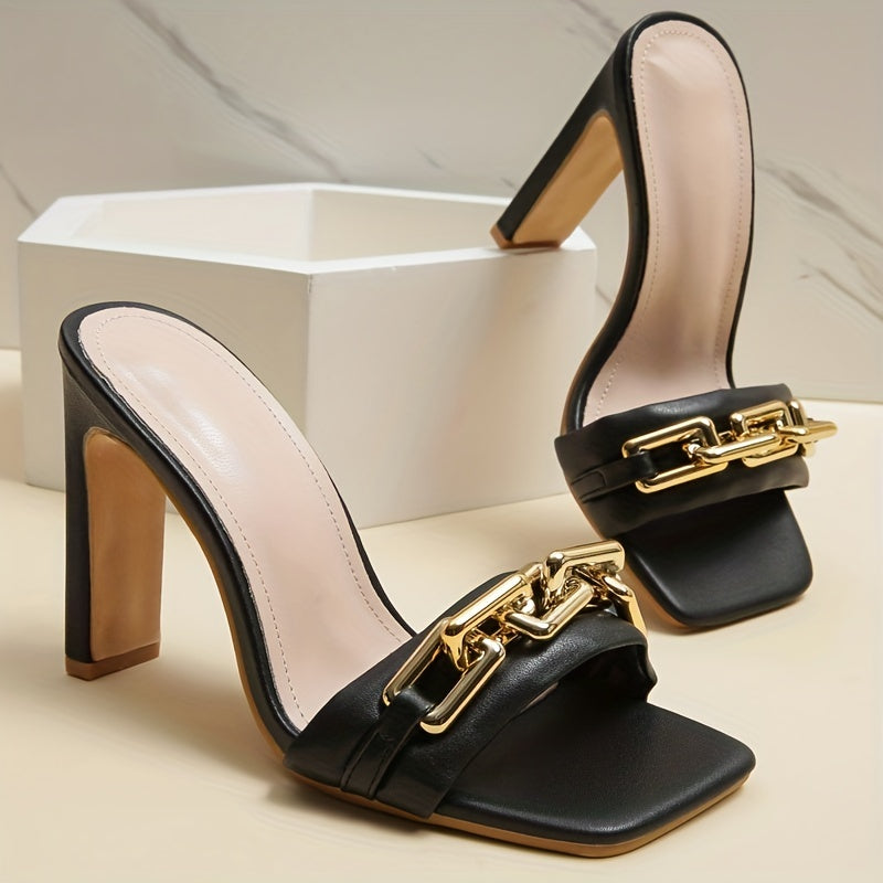 Metallic Buckle Heels Square Toe Slip On Block Heels Slingback Mule Sandals