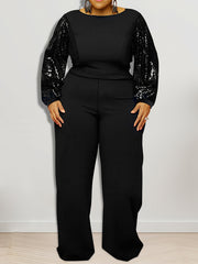 Contrast Sequin Sleeve Wide Leg Jumpsuit Plus Size High Stretch Party Jumpsuit