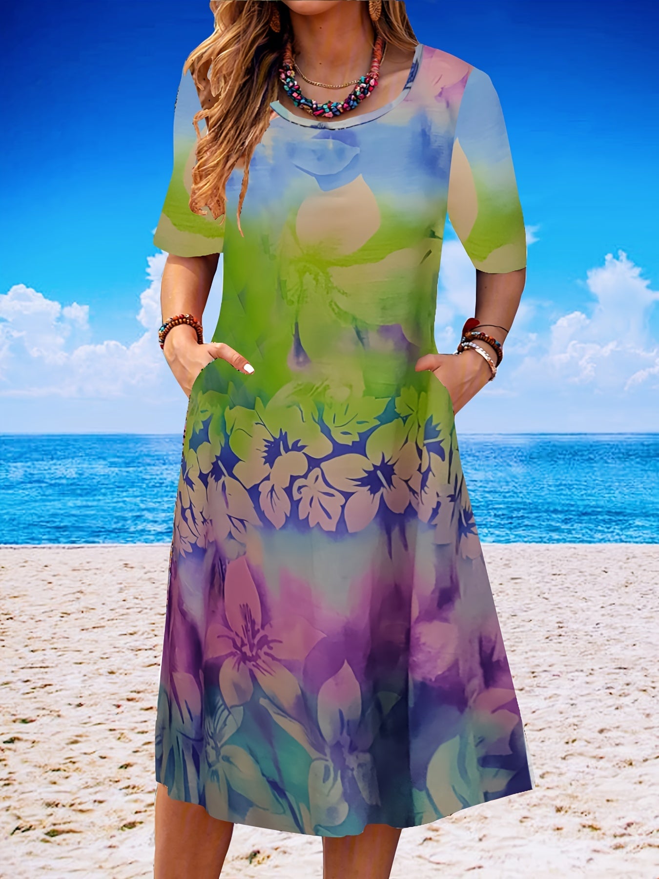 Plus Size Floral Print Short Sleeve Dress With Pockets