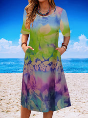Plus Size Floral Print Short Sleeve Dress With Pockets