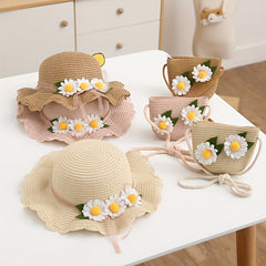 Wide Brim Sun Hat Flower Ball Straw Cap for Girls