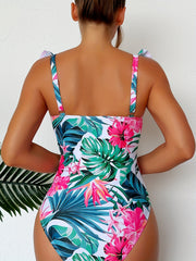 Tropical Floral Leaf Print Ruffle Trim One Piece Swimsuit