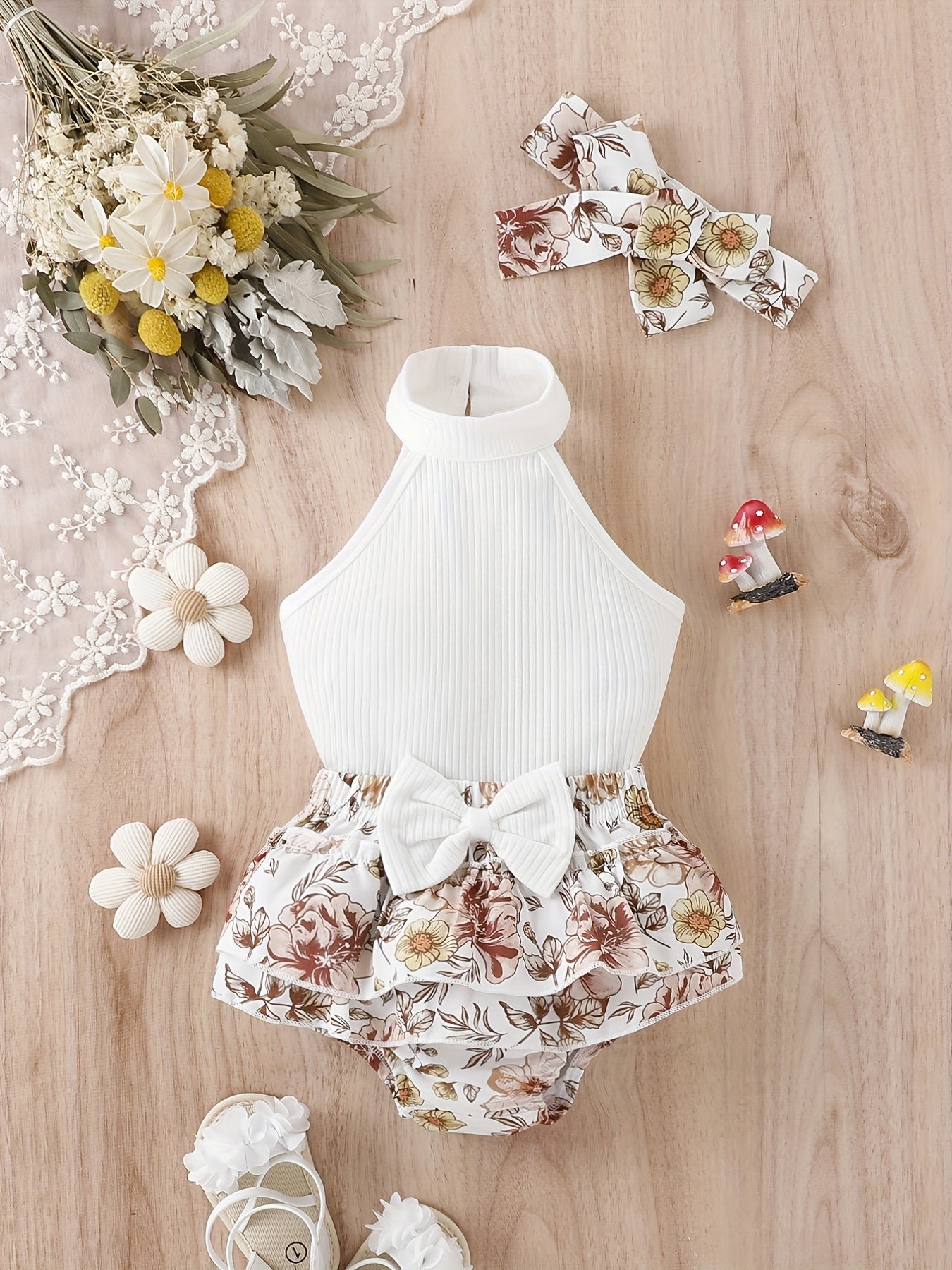 3pcs Baby Girls Casual Ribbed Knit Halter Top & Floral Bowknot Shorts Set