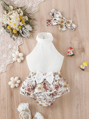 3pcs Baby Girls Casual Ribbed Knit Halter Top & Floral Bowknot Shorts Set