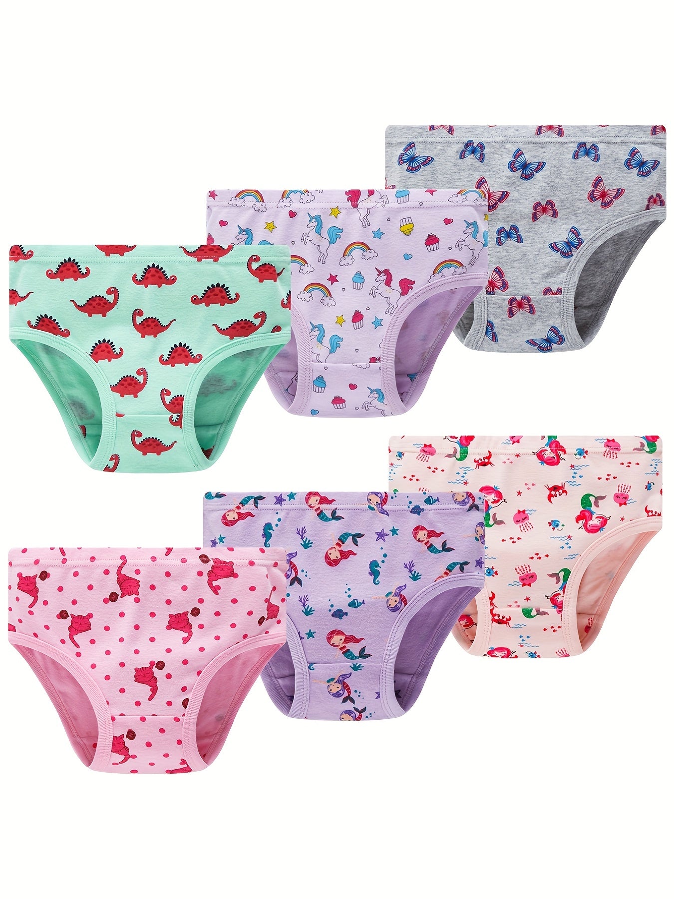 6pcs Girls Triangle Panties Cartoon Fruits Animals Print Elastic Waist Underwear