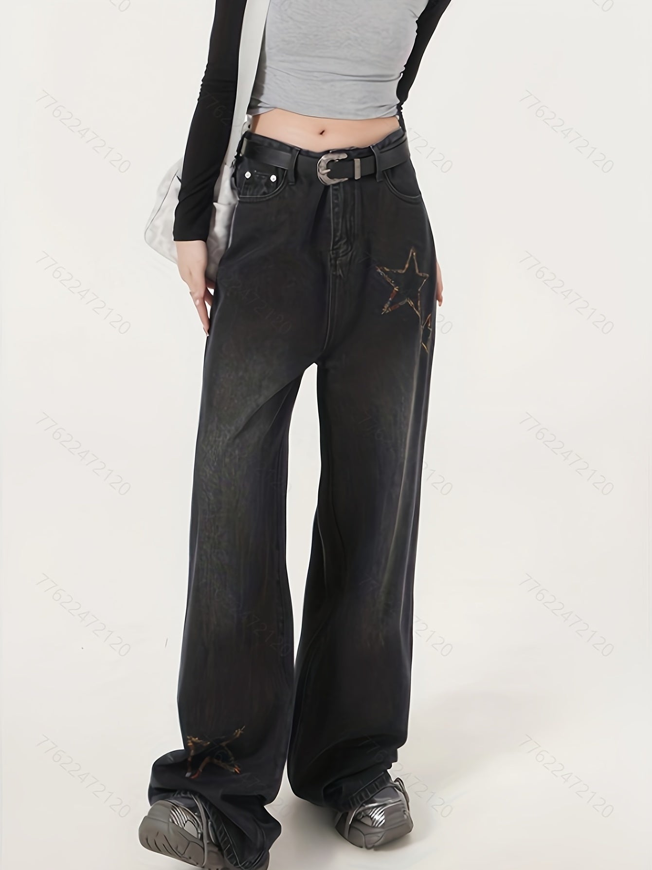 Star Embroidery Straight Jeans Loose Fit High Waist Denim Pants Women's Jeans
