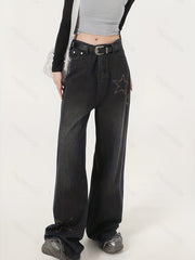 Star Embroidery Straight Jeans Loose Fit High Waist Denim Pants Women's Jeans