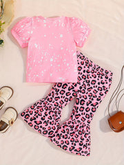 2pcs Baby Girls Puff Sleeve T-shirt & Leopard Pants Set