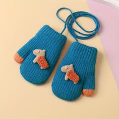 Kids Cartoon Gloves Winter Warm with Neck Hanging Rope