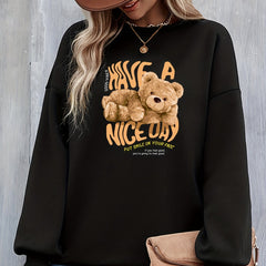 Bear & Slogan Print Crew Neck Sweatshirt for Women