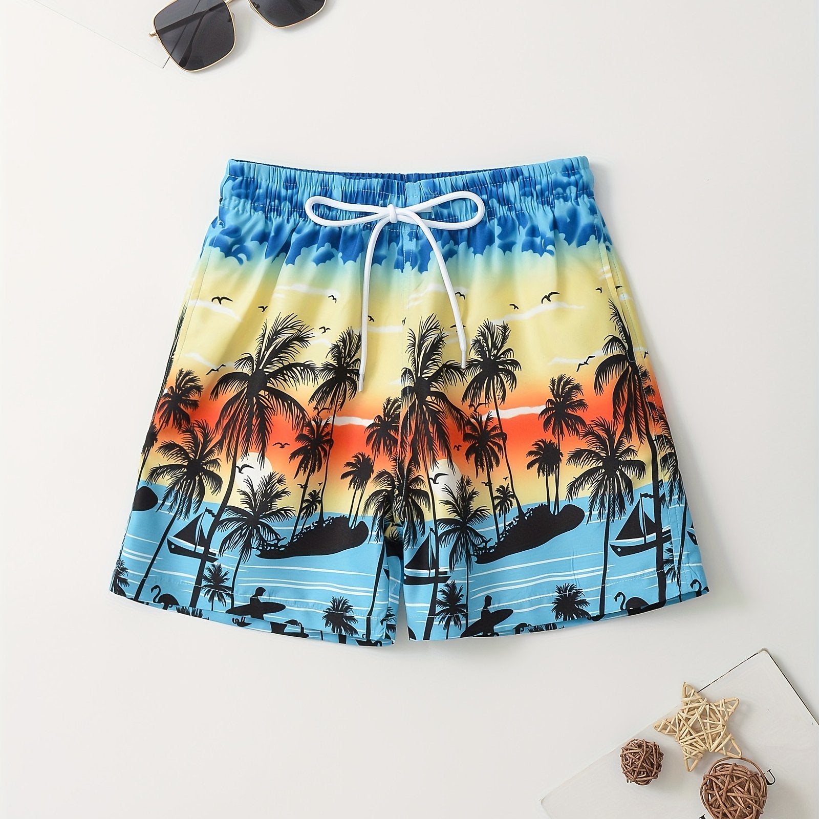 Tropical Plant Pattern Swim Trunks for Boys - Beach Shorts for Summer Vacation