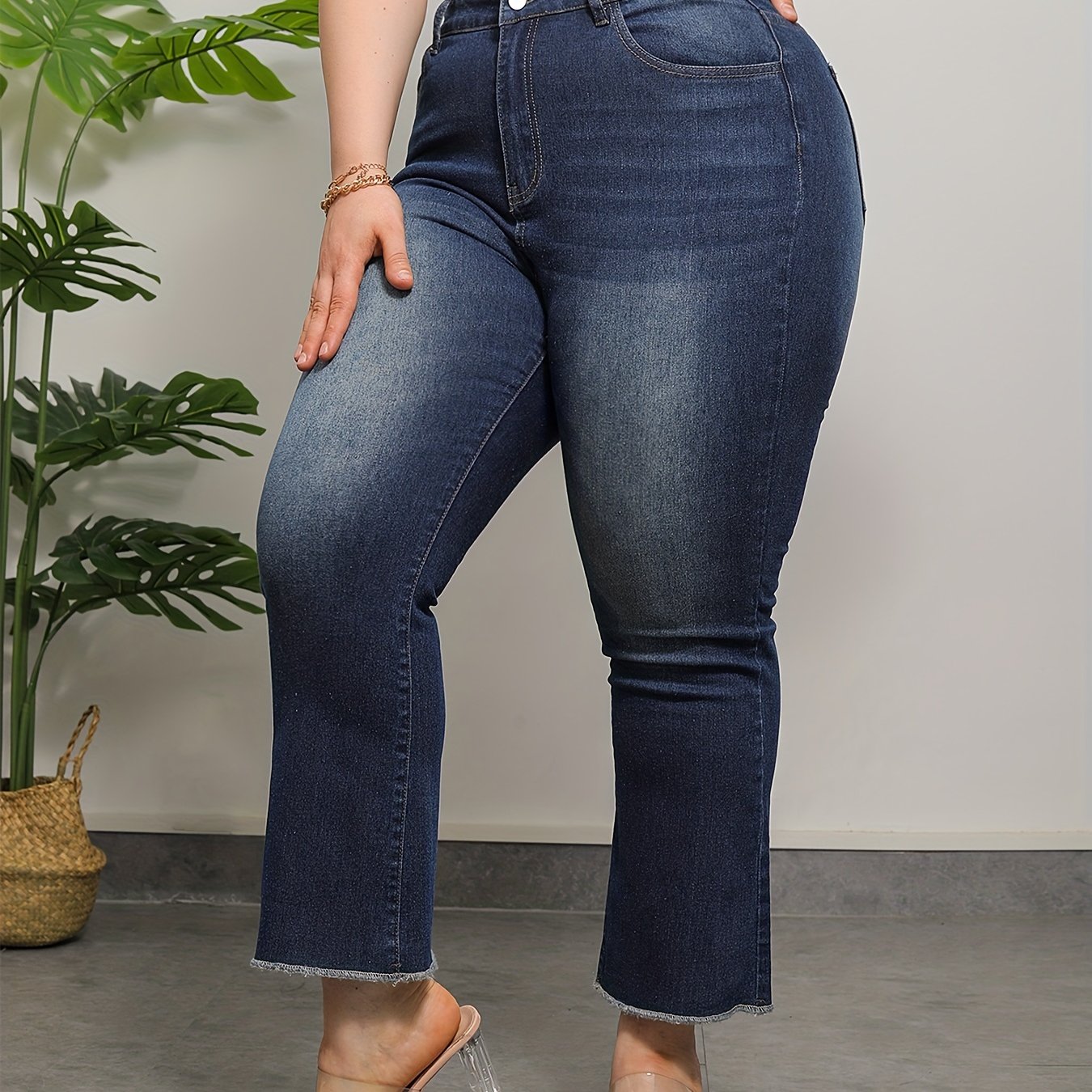Washed Button Fly Fringe Trim Stretch Jeans
